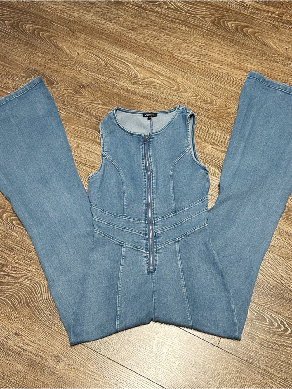 Boutique Light Blue Denim Zip-Front Jumpsuit